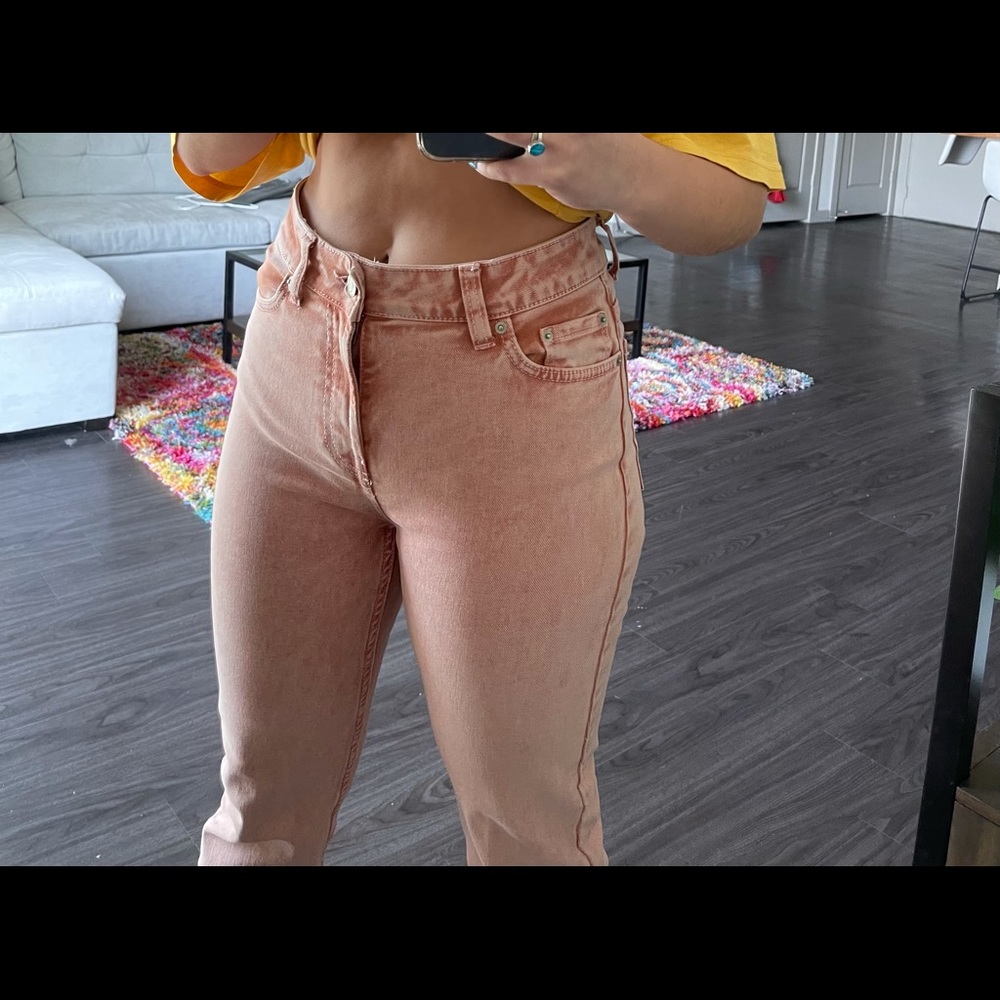 Bershka old wash pink straight leg jeans